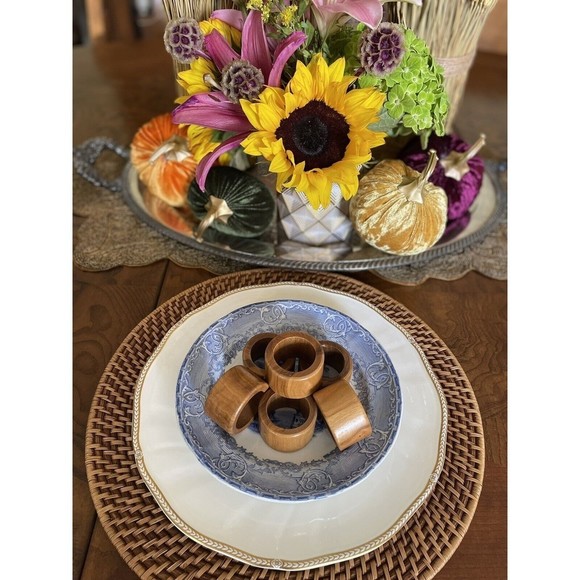 Vintage Teak Wood Wooden Round Napkin Rings Set Of 6, MCM Mid Century Modern - Picture 4 of 6